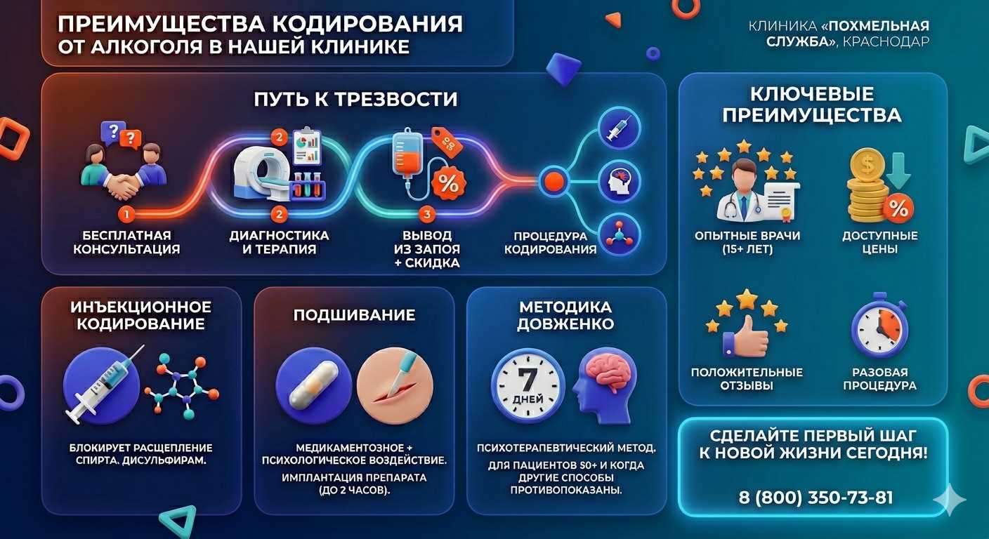 Инфографика о методах кодирования от алкоголя в Богдановиче: инъекции, подшивание, метод Довженко. Преимущества клиники и этапы лечения.